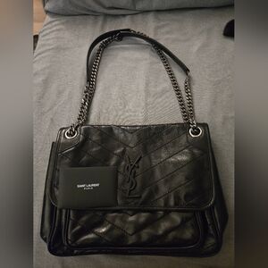 Saint Laurent Crinkled Calfskin Black Baby Niki Chain Satchel Bag